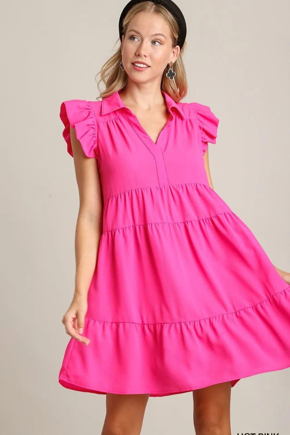 Full Size Johnny Collar Ruffle Cap Sleeve Tiered Dress Plus Size - Hot Pink