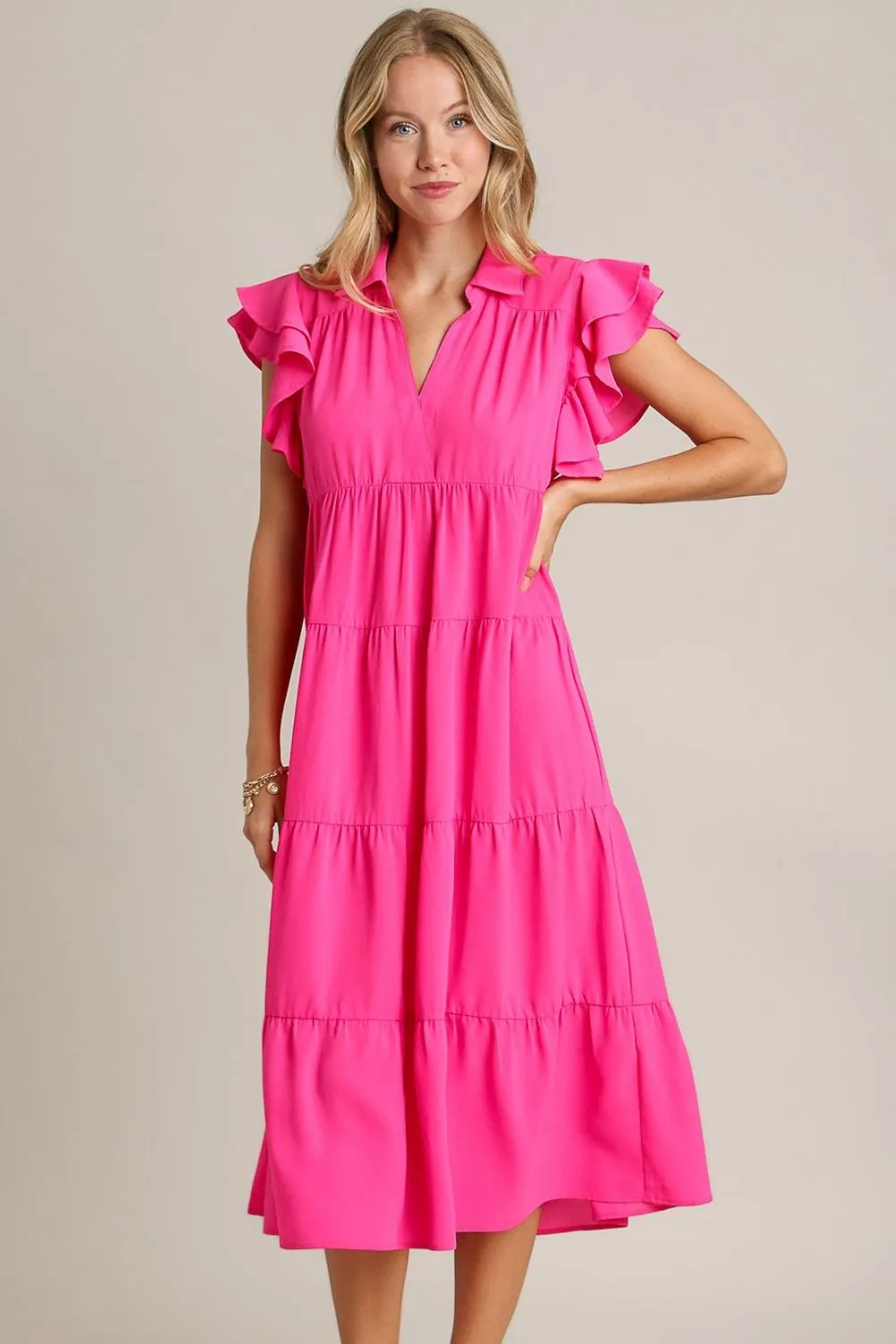 Full Size Johnny Collar Ruffle Cap Sleeve Tiered Dress Plus Size - Hot Pink