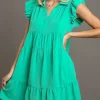 Full Size Johnny Collar Ruffle Cap Sleeve Tiered Dress Plus Size - Jade Green