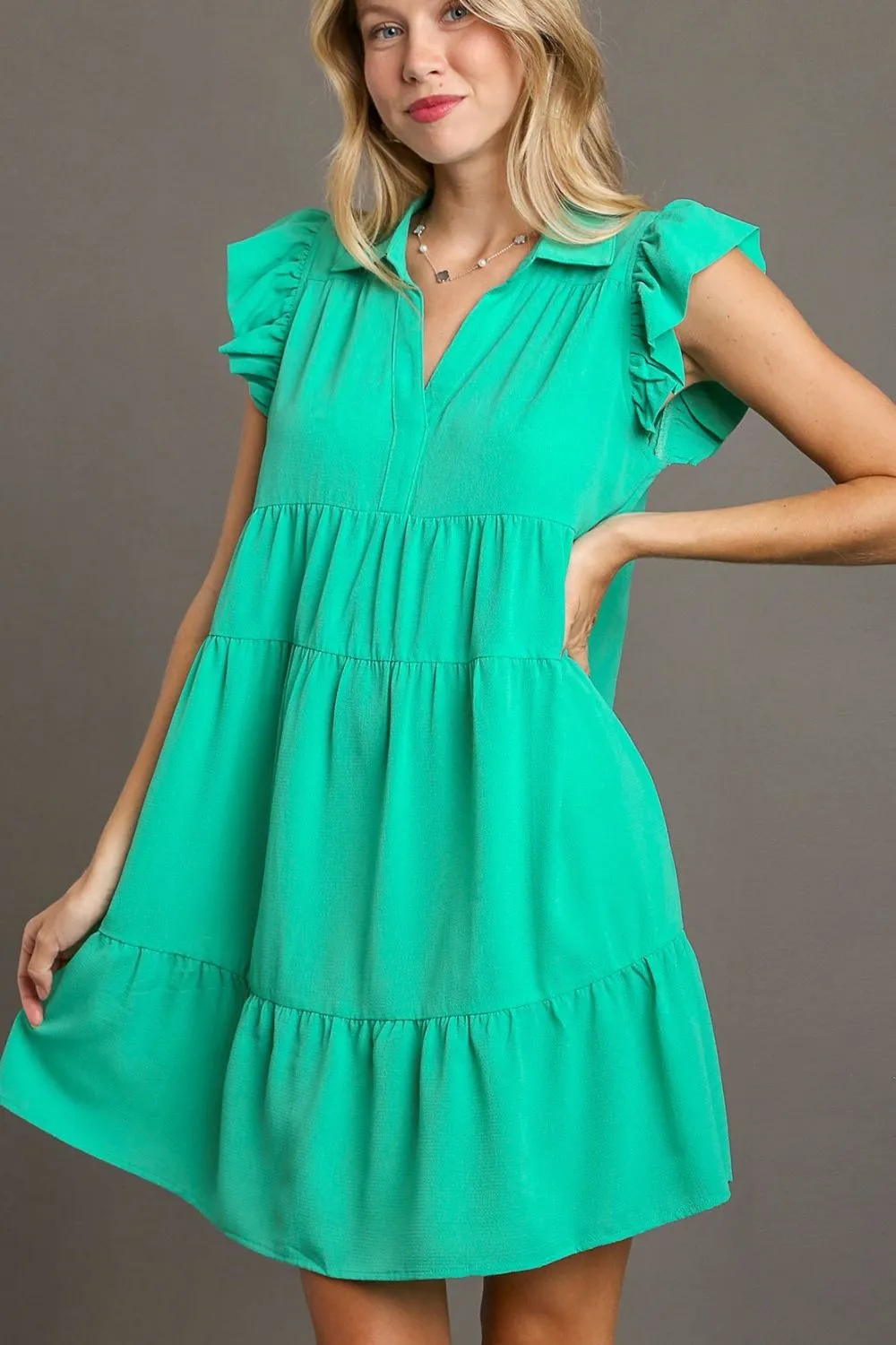 Full Size Johnny Collar Ruffle Cap Sleeve Tiered Dress Plus Size - Jade Green