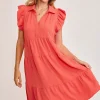 Full Size Johnny Collar Ruffle Cap Sleeve Tiered Dress Plus Size - Strawberry