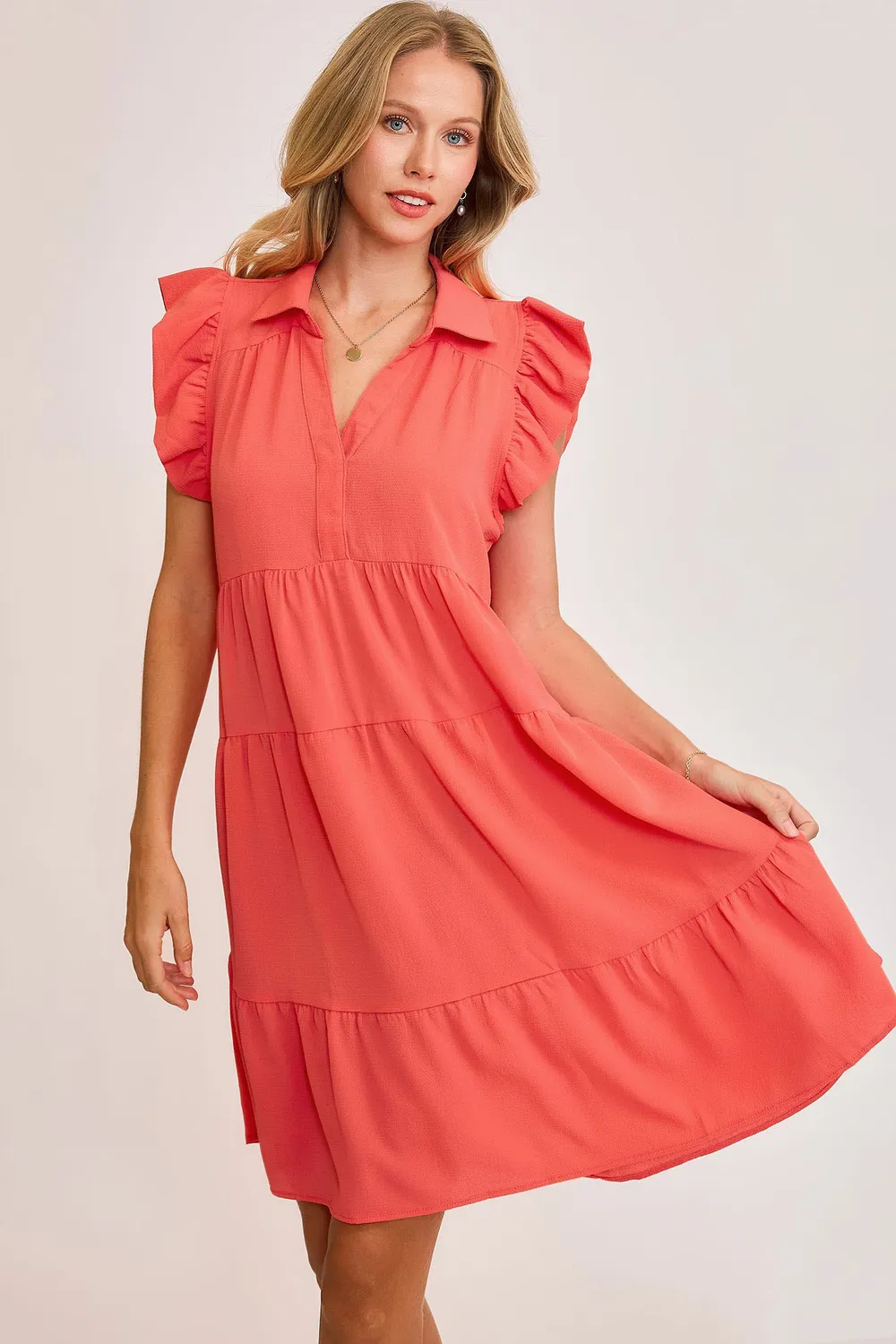 Full Size Johnny Collar Ruffle Cap Sleeve Tiered Dress Plus Size - Strawberry