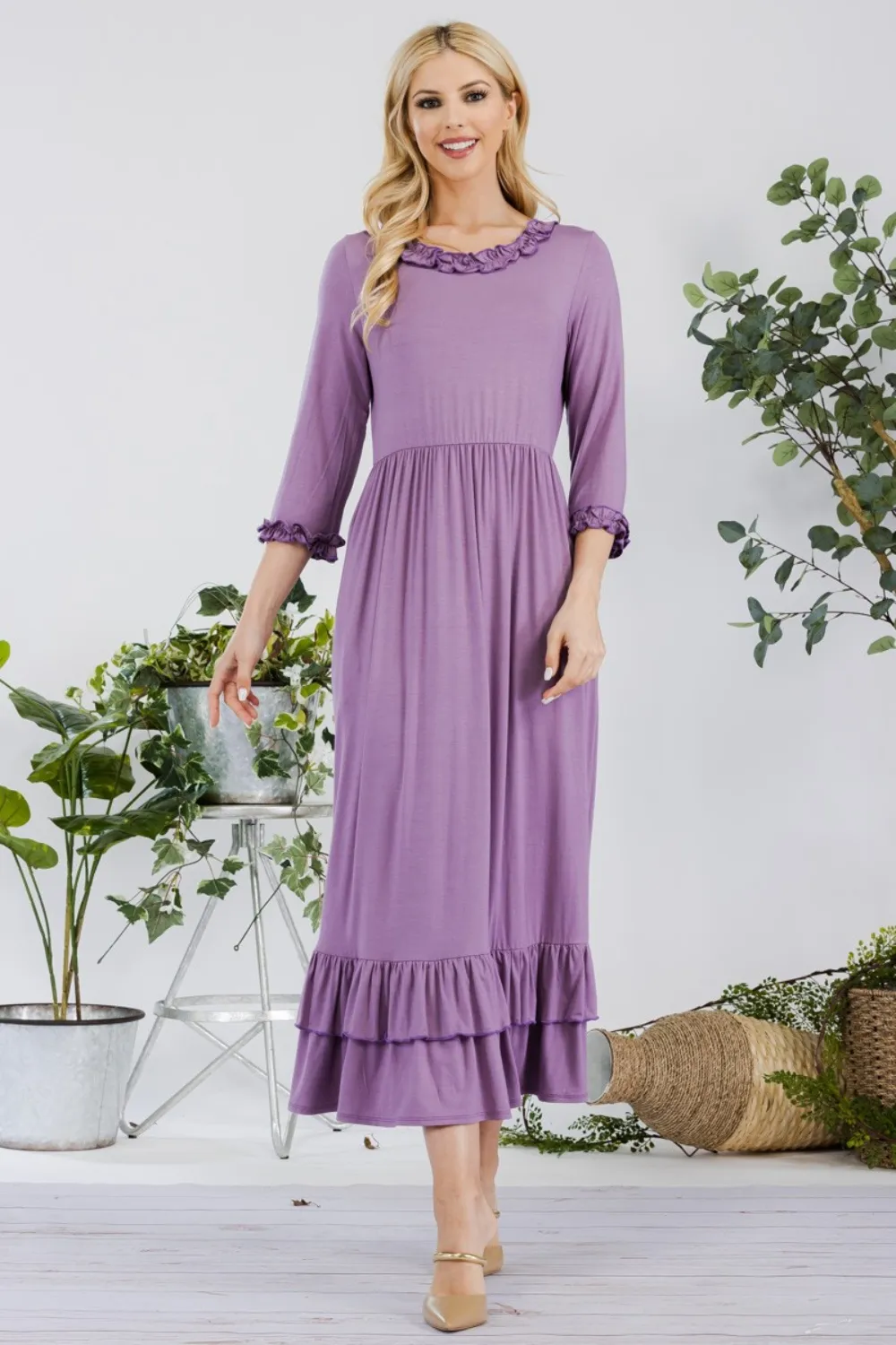 Full Size Layered Ruffle Hem Dress with Pockets - Lilac