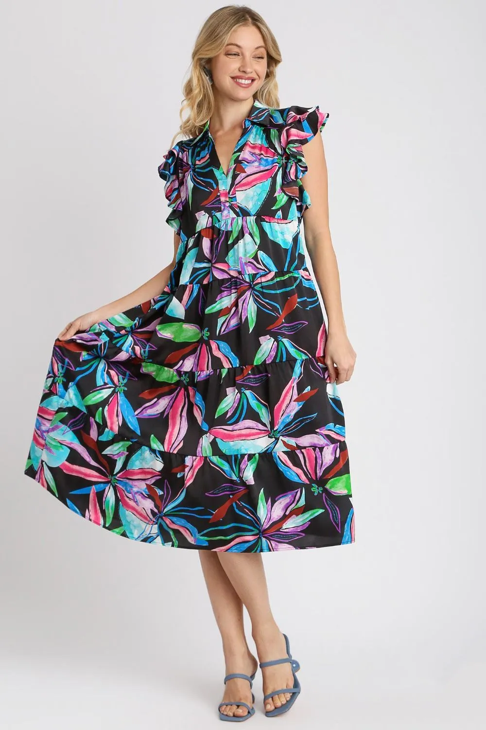 Full Size Leaf Print Double Layered Ruffle Sleeve Tiered Midi Dress Plus Size - Blackmix