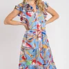 Full Size Leaf Print Double Layered Ruffle Sleeve Tiered Midi Dress Plus Size - Periwinklemix