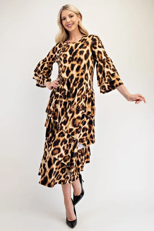 Full Size Leopard Asymmetrical Ruffle Midi Dress Plus Size - Leopard