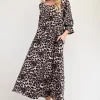 Full Size Leopard Round Neck Flounce Sleeve Dress - Brown