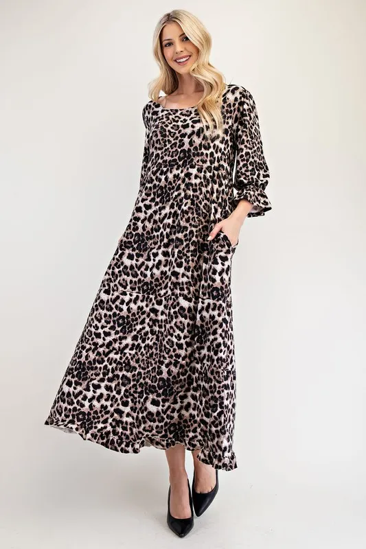 Full Size Leopard Round Neck Flounce Sleeve Dress - Brown