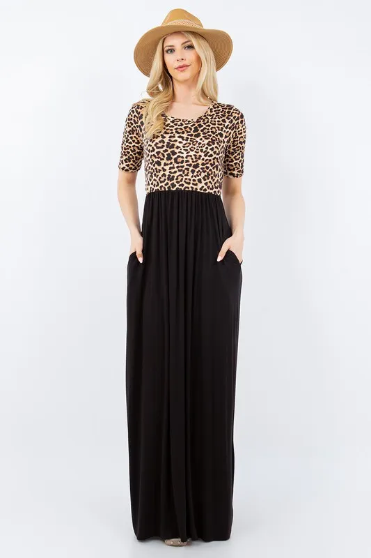 Full Size Leopard Round Neck Maxi Dress with Pockets Plus Size - Leopard