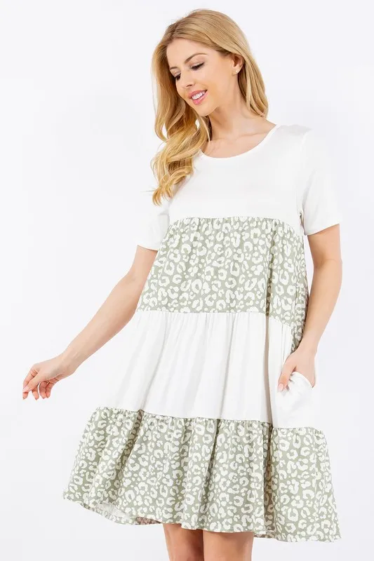 Full Size Leopard Round Neck Short Sleeve Dress Plus Size - White