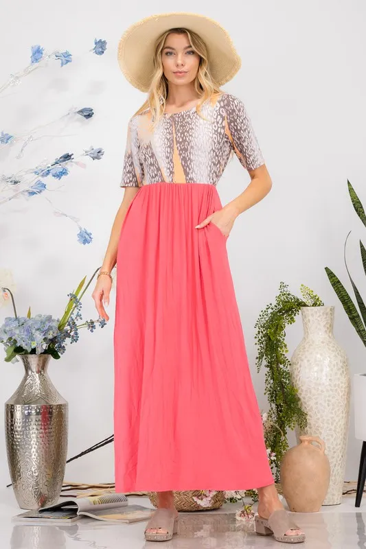 Full Size Leopard Round Neck Short Sleeve Maxi Dress Plus Size - Strawberry