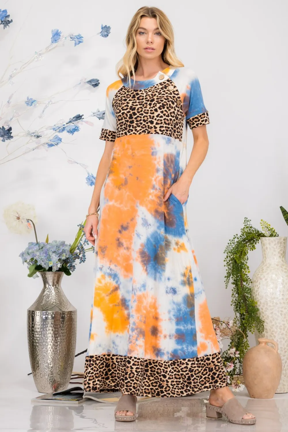 Full Size Leopard Tie-Dye Button Detail Short Sleeve Maxi Dress Plus Size - Orange Tie Dye