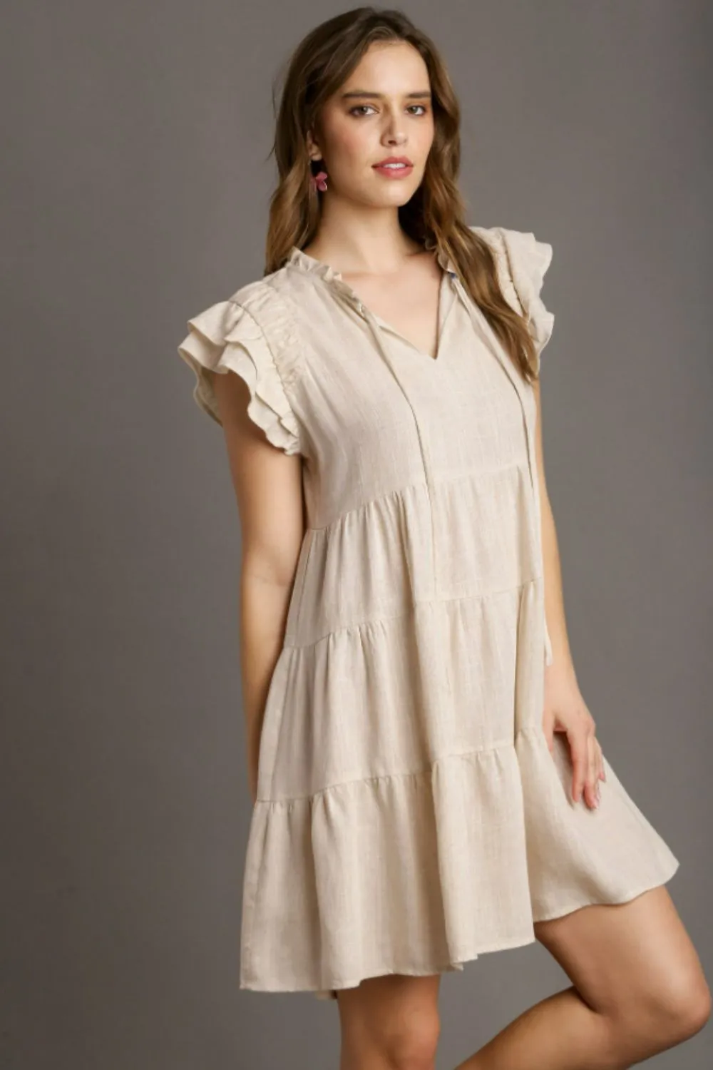 Full Size Linen A-line Tiered Mini Dress Plus Size - Oatmeal