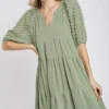 Full Size Linen Tiered A-Line Split Neck Dress Plus Size - Sage