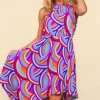 Full Size Mock Neck Sleeveless Printed Dress - Blue/Orange/Lilac