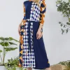 Full Size Multi Pattern Front Tie Midi Dress Plus Size - Navy