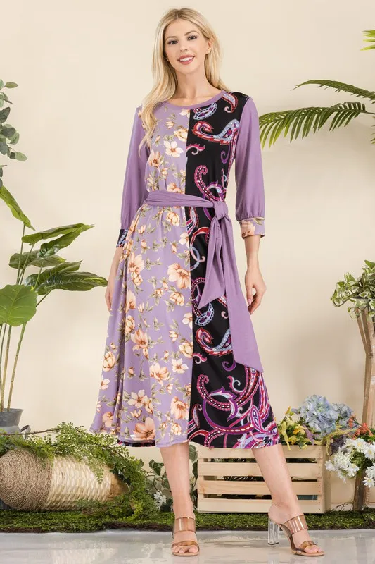 Full Size Paisley And Floral Contrast Tent Midi Dress Plus Size - Pink Purple