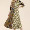 Full Size Paisley Contrast Tent Midi Dress Plus Size - Olive