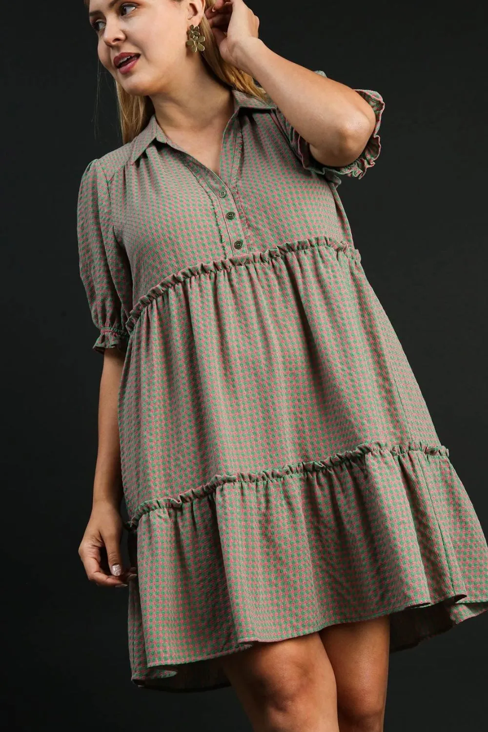 Full-Size-Plaid-Frill-Button-Detail-Ruffled-Short-Sleeve-Dress-Plus-Size-GreenPink-2
