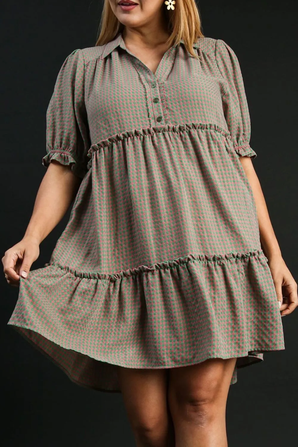 Full-Size-Plaid-Frill-Button-Detail-Ruffled-Short-Sleeve-Dress-Plus-Size-GreenPink-3