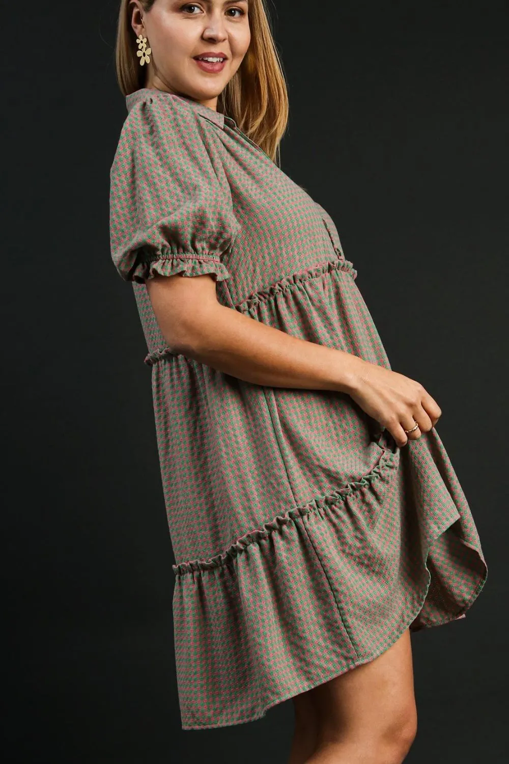 Full-Size-Plaid-Frill-Button-Detail-Ruffled-Short-Sleeve-Dress-Plus-Size-GreenPink-4