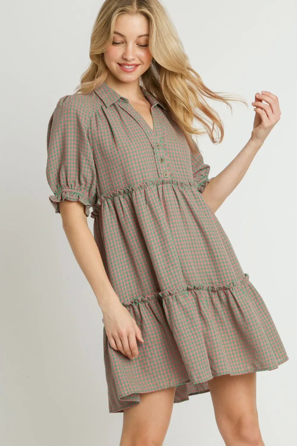 Full-Size-Plaid-Frill-Button-Detail-Ruffled-Short-Sleeve-Dress-Plus-Size-GreenPink Full Size Plaid Frill Button Detail Ruffled Short Sleeve Dress Plus Size - Green/Pink