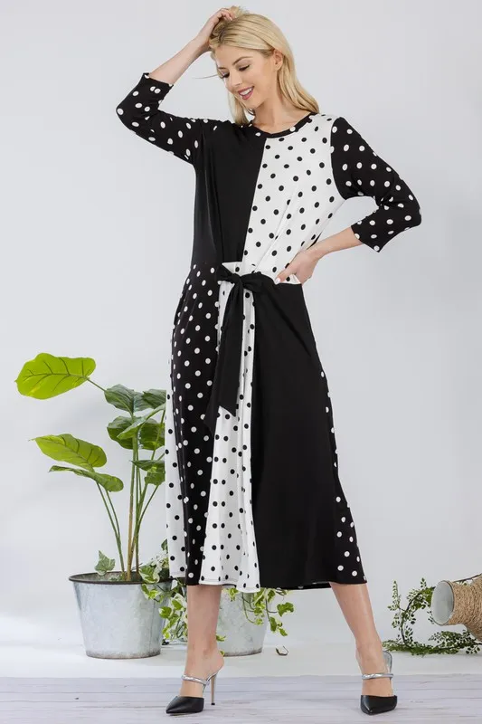 Full Size Polka Dot Front Tie Midi Dress Plus Size - Black
