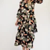 Full Size Printed Asymmetrical Ruffle Midi Dress Plus Size -  Olive