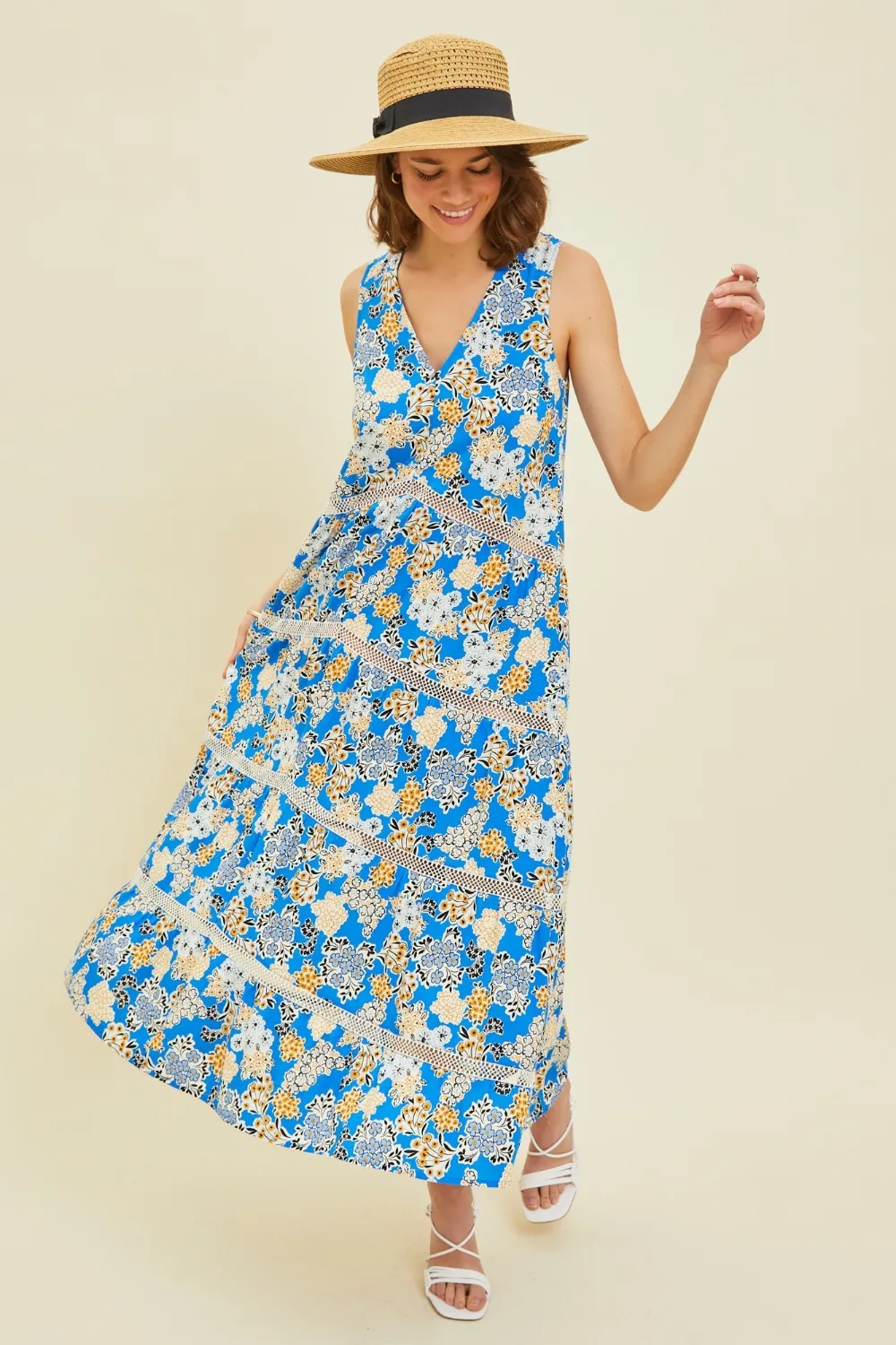 Full Size Printed Crochet Trim Maxi Dress - Pool Blue