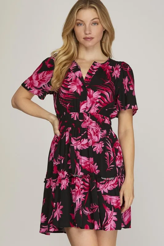 Full Size Printed Notched Short Sleeve Frill Tiered Dress Plus Size - Black