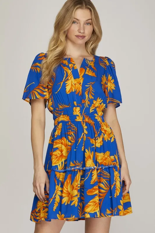Full Size Printed Notched Short Sleeve Frill Tiered Dress Plus Size - Royal Blue