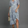 Full Size Printed Puff Short Sleeve Midi Dress Plus Size - Blue Mix