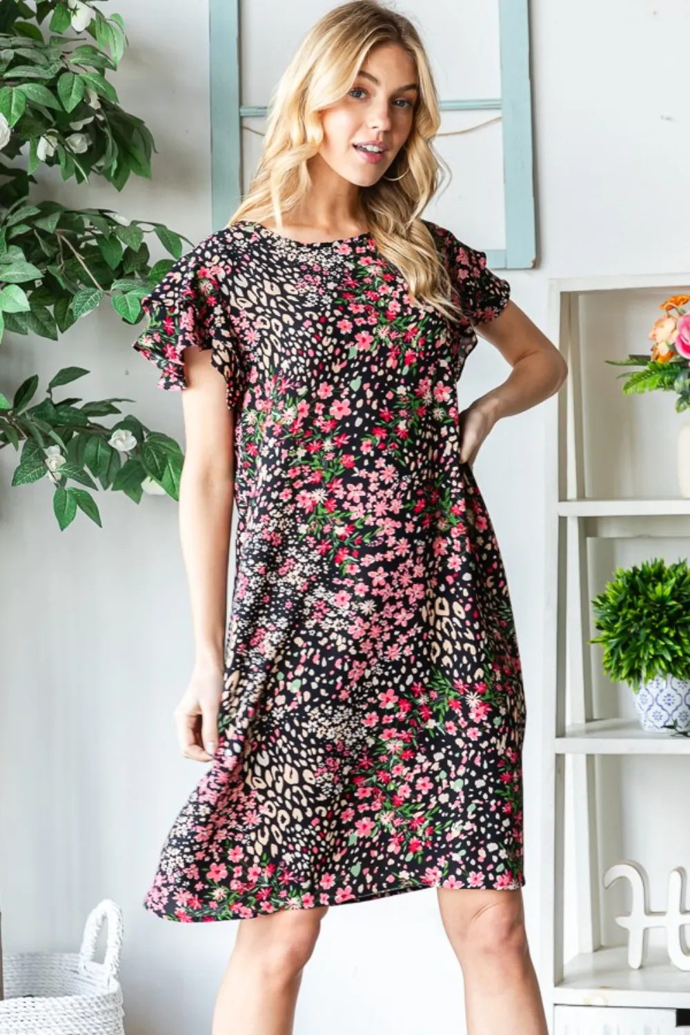 Full Size Printed Ruffled Short Sleeve Dress with Pockets - Black