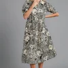 Full Size Printed Smocked Cuff Puff Sleeve Midi Dress Plus Size - Black