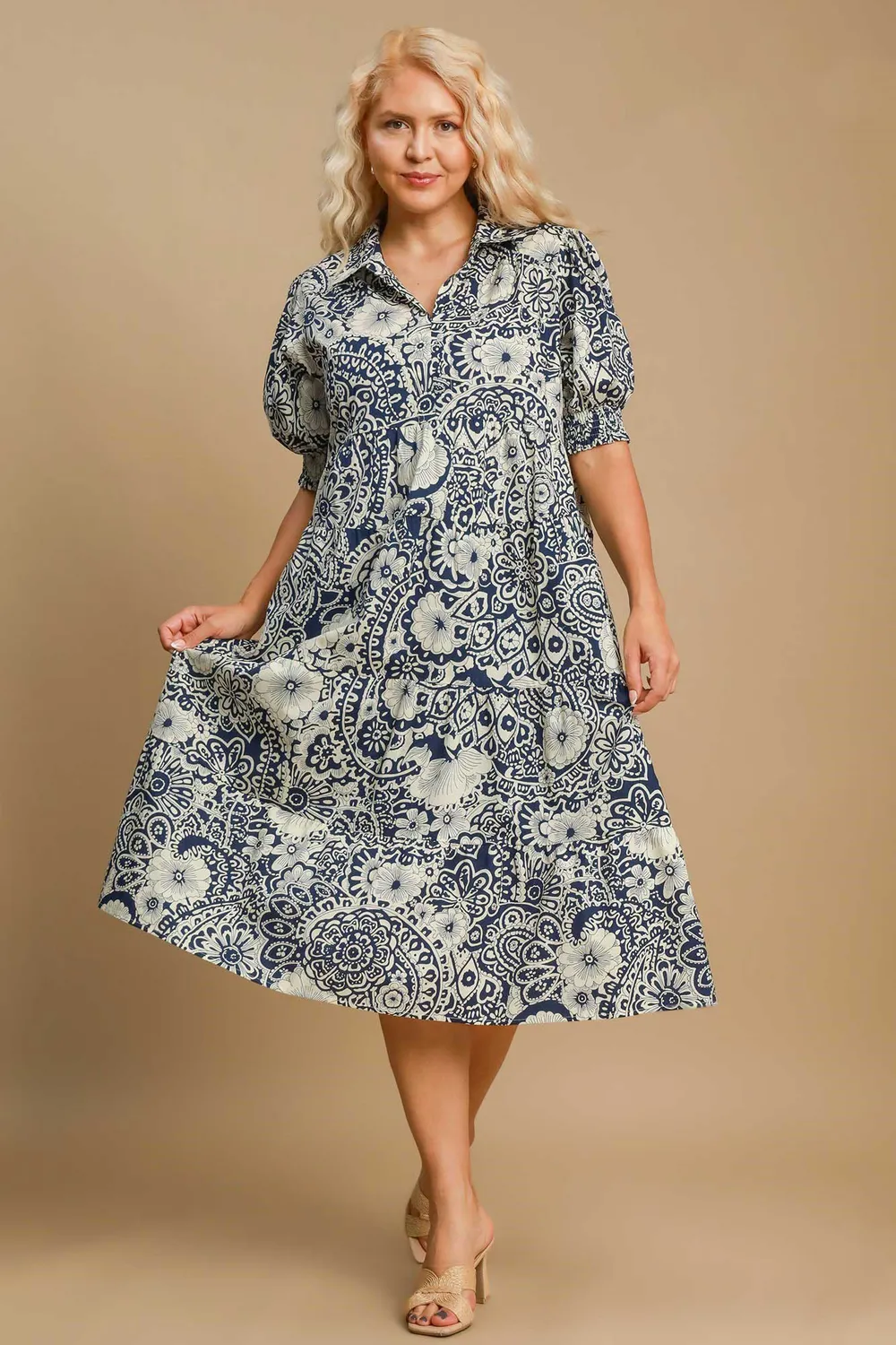 Full-Size-Printed-Smocked-Cuff-Puff-Sleeve-Midi-Dress-Plus-Size-Dark-Blue-3