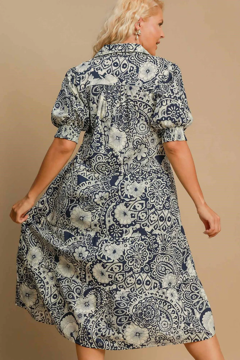 Full-Size-Printed-Smocked-Cuff-Puff-Sleeve-Midi-Dress-Plus-Size-Dark-Blue-4