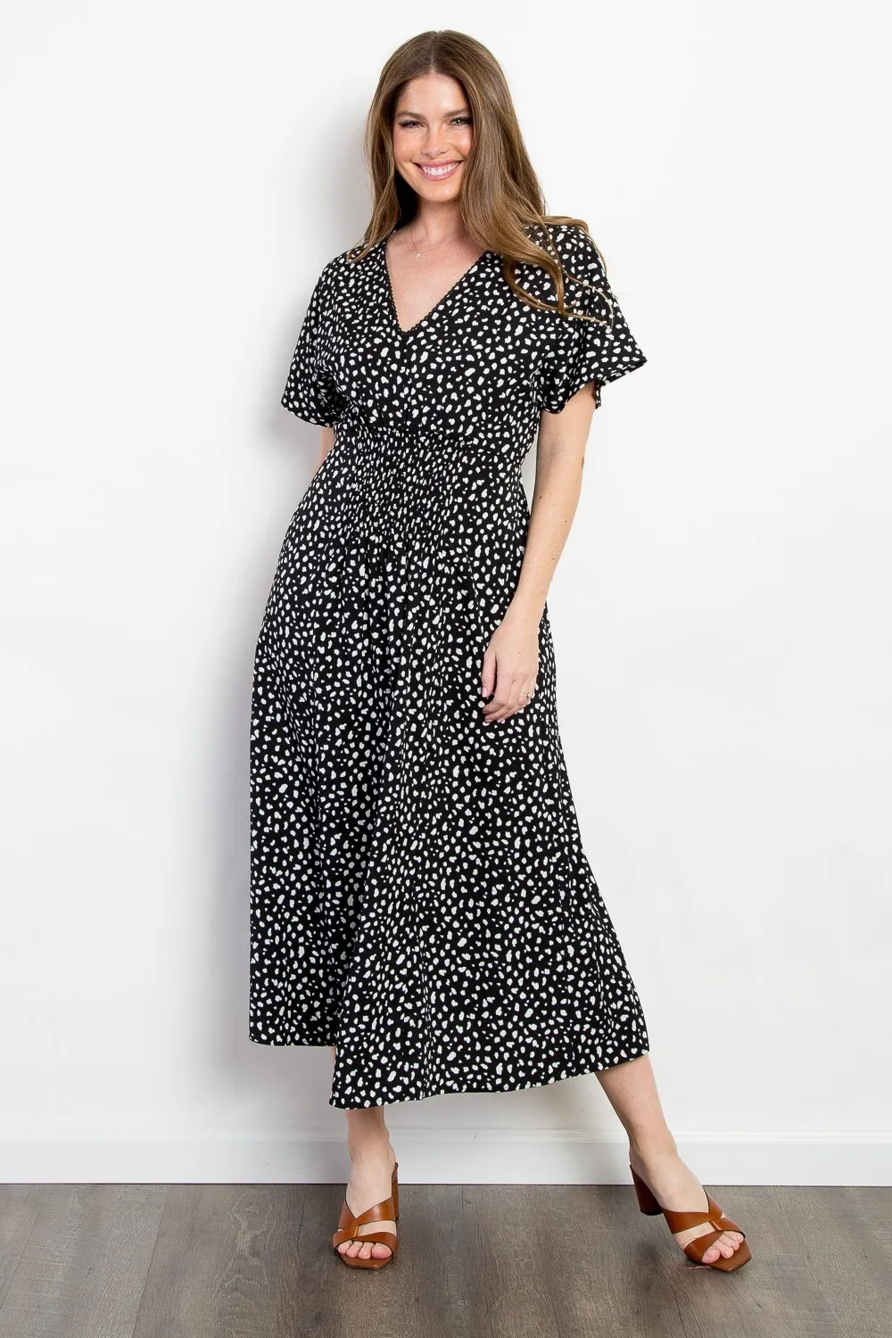 Full Size Printed Smocked Waist Dress - Black