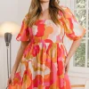 Full Size Printed Tied Back Short Sleeve Mini Dress - Peach Multi
