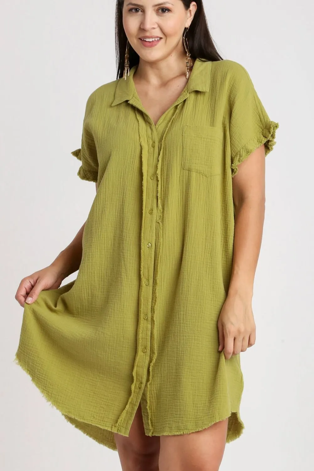 Full-Size-Raw-Hem-Button-Down-Short-Sleeve-Gauze-Shirt-Dress-Plus-Size-Yellow-Green-2