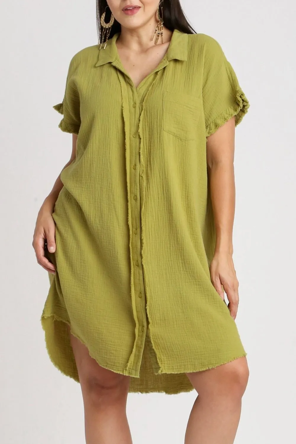 Full-Size-Raw-Hem-Button-Down-Short-Sleeve-Gauze-Shirt-Dress-Plus-Size-Yellow-Green-3