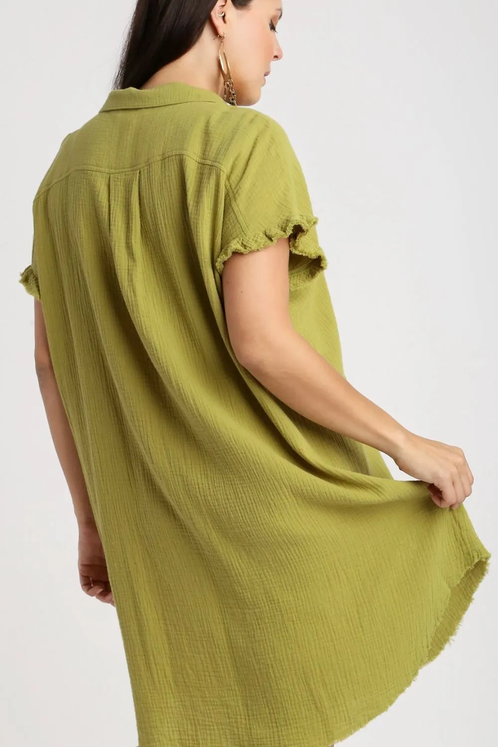 Full-Size-Raw-Hem-Button-Down-Short-Sleeve-Gauze-Shirt-Dress-Plus-Size-Yellow-Green-4