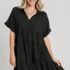 Full Size Raw Hem Folded Sleeve Tiered Dress Plus Size - Black