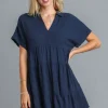 Full Size Raw Hem Folded Sleeve Tiered Dress Plus Size - Dark Navy