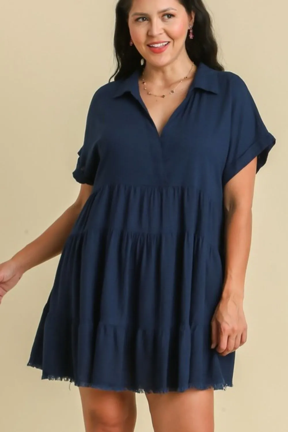 Full-Size-Raw-Hem-Folded-Sleeve-Tiered-Dress-Plus-Size-Dark-Navy-4