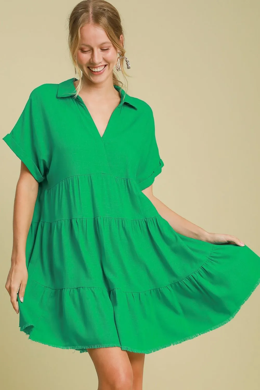 Full Size Raw Hem Folded Sleeve Tiered Dress Plus Size - Green