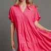 Full Size Raw Hem Folded Sleeve Tiered Dress Plus Size - Hot Pink