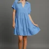 Full Size Raw Hem Folded Sleeve Tiered Dress Plus Size - Sky Blue