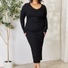 Full Size Ribbed Long Sleeve Midi Slit Dress - Black