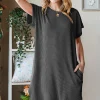 Full Size Ribbed Round Neck Short Sleeve Tee Dress - Charcoal