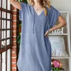 Full Size Ribbed Short Sleeve Hooded Dress - Denim Vintage